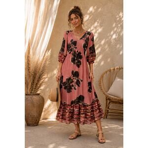 White Stuff Pink Lucy Maxi Dress Coquette Boho Romantic Prairie Cottage Country